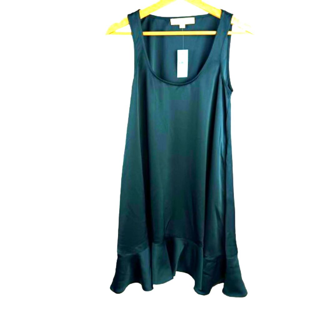 Loft NWT Green Satin Ruffle Mini Pocket Ponderosa Dress Size 2P - Picture 2 of 5